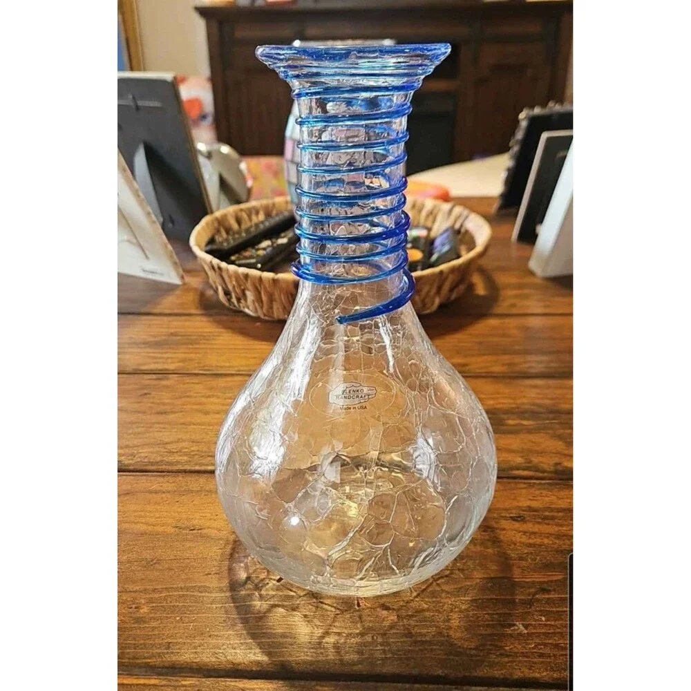 MCM Blenko Glass Decanter Vase Clear Crackle Cobalt Blue Coil Wrap 8” Vintage
